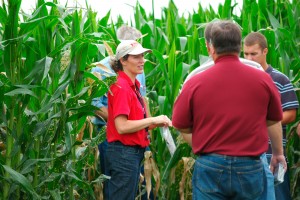 Alison Robertson stands in a field of corn with farmers