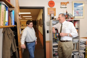 Matthew O'Neil, graduate student in nutritional sciences, chats with Charles F. Curtiss Distinguished Professor Don Beitz in Beitz's office