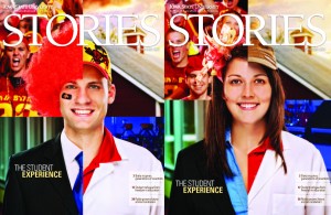 STORIES Magazine Cover. The cover is broken up into four quadrants: a farm scene, the ISU fan section, a professional setting, and a lab. The featured student wears clothes resembling those four areas.
