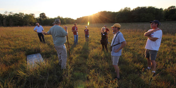 A local conservation professional talks with a group of landowners in a pasture in Iowa on a fall evening as the sun sets behind them.