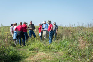 Extension staff stand in a field and talk with clients.