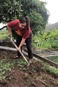 Stefany Naranjo using a tool to dig in garden dirt.
